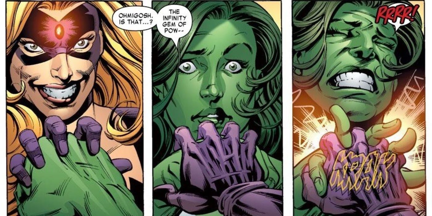 In three panels, Titania breaks She-Hulk's hand in Marvel Comics.