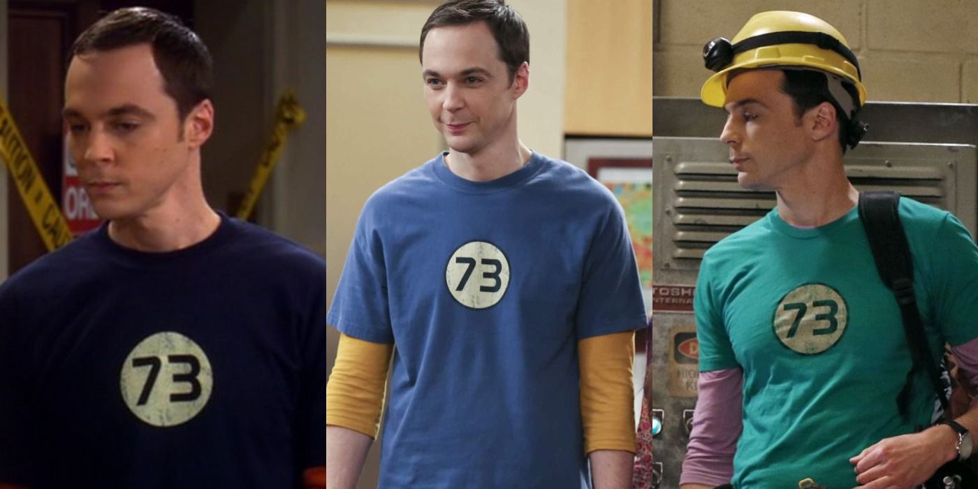Collage of Sheldon wearing different colored shirts with the number 73 in the center in TBBT