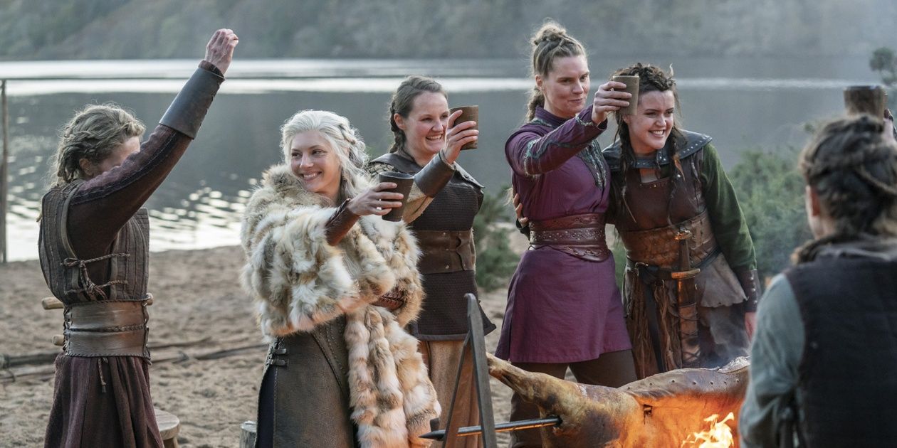 Runa celebrates with other shield maidens after White Hair and his bandits are defeated in Vikings