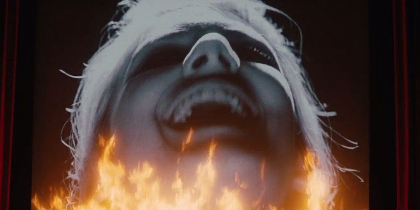 Shosanna laughs as the theater burns down in Inglourious Basterds.