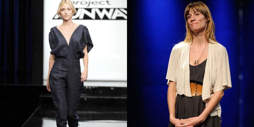 Side by side image of Gretchen Jones from Project Runway and her jumpsuit