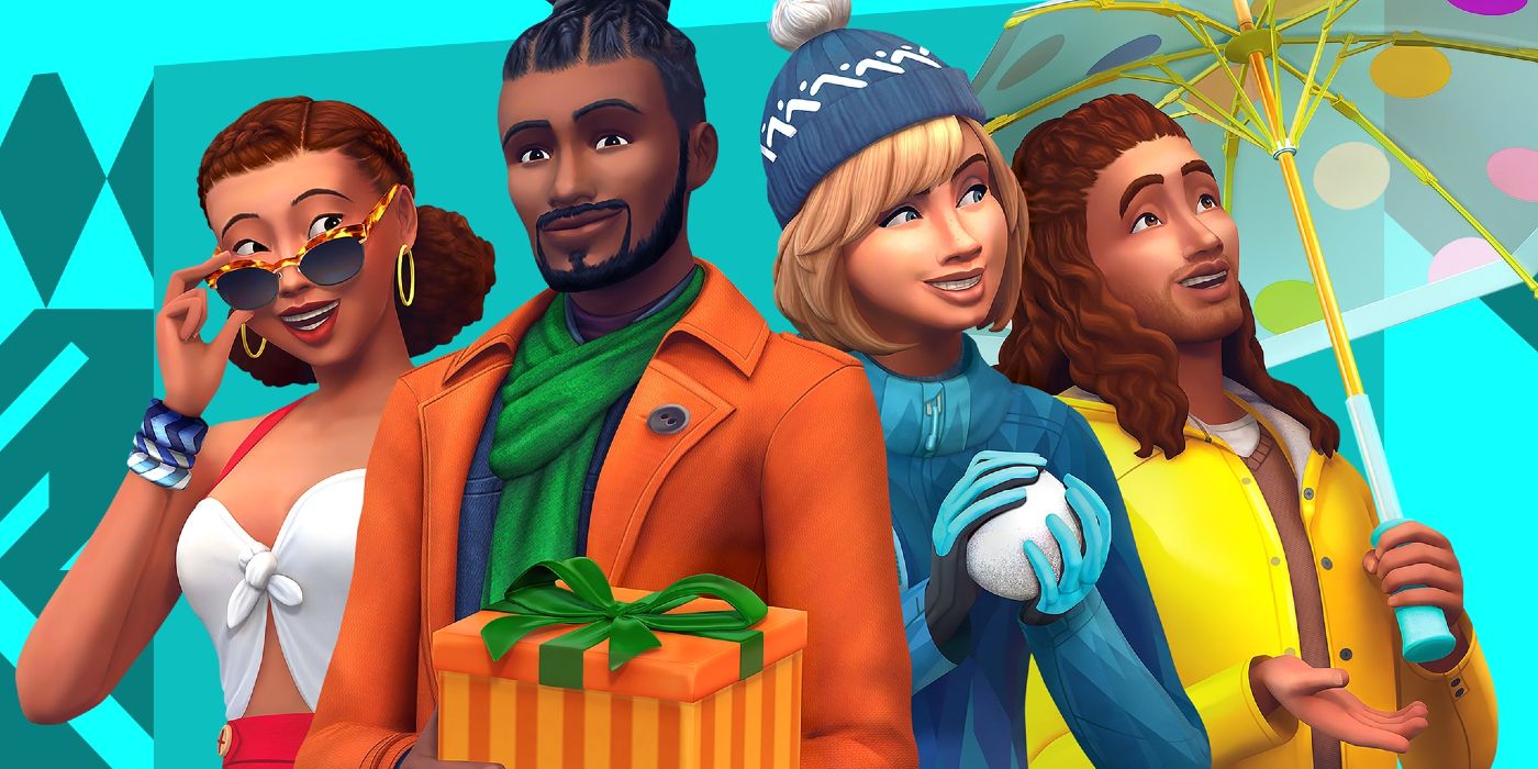 Splash art for the Sims 4's Seasons pack, featuring four sims experiencing the four seasons.