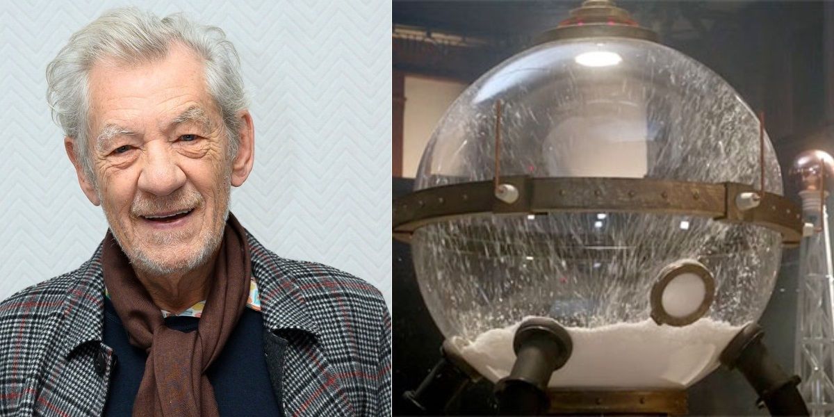 Split image of Ian McKellen and the Great Intelligence in Doctor Who