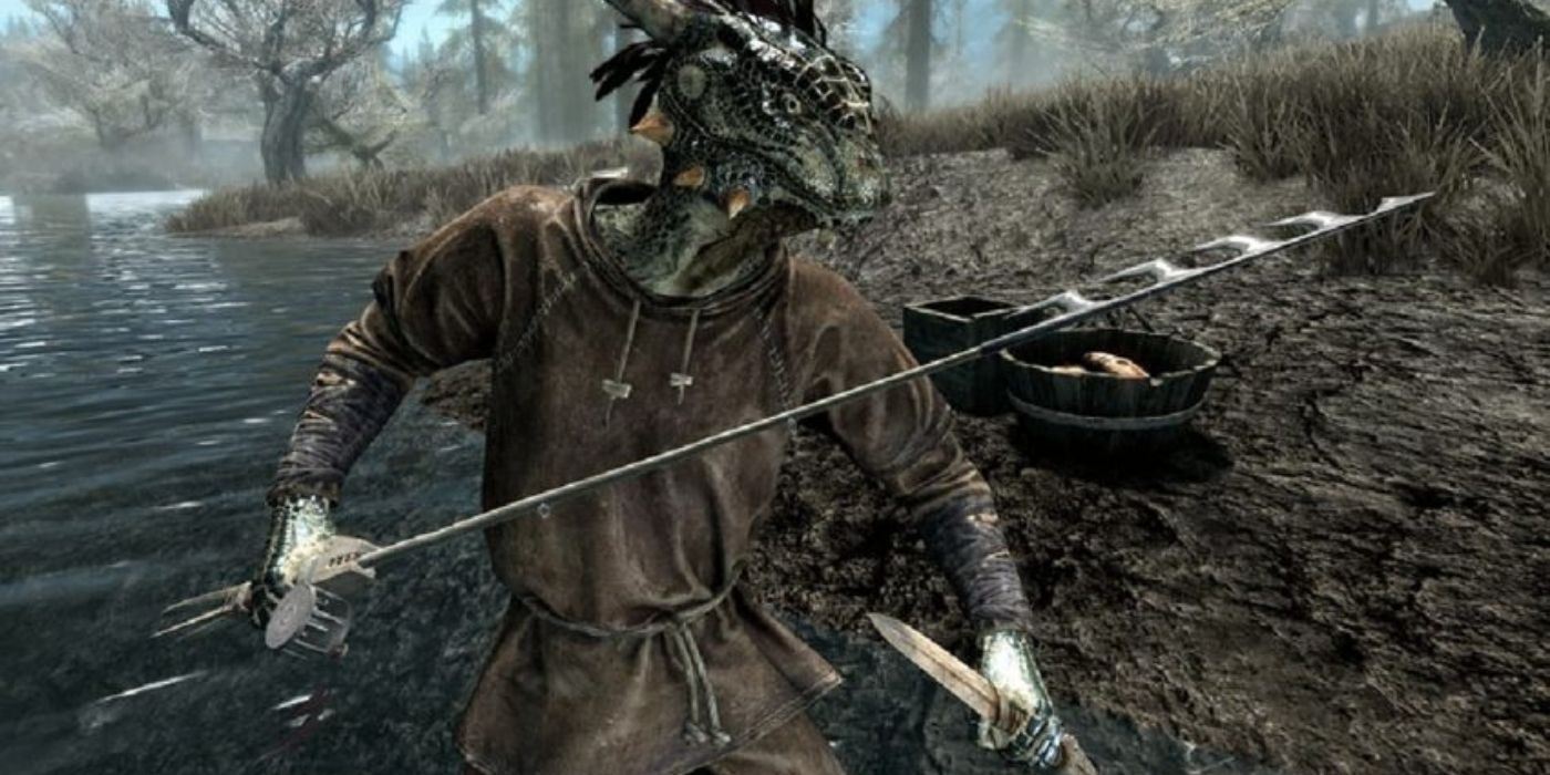 A lizard-humanoid character holding a sword in Skyrim