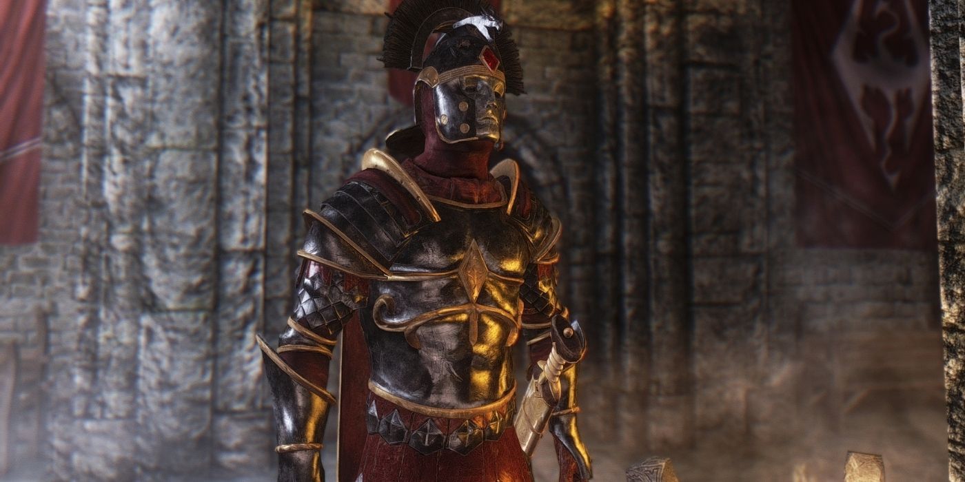 A character in full armor in Skyrim Anniversary Edition