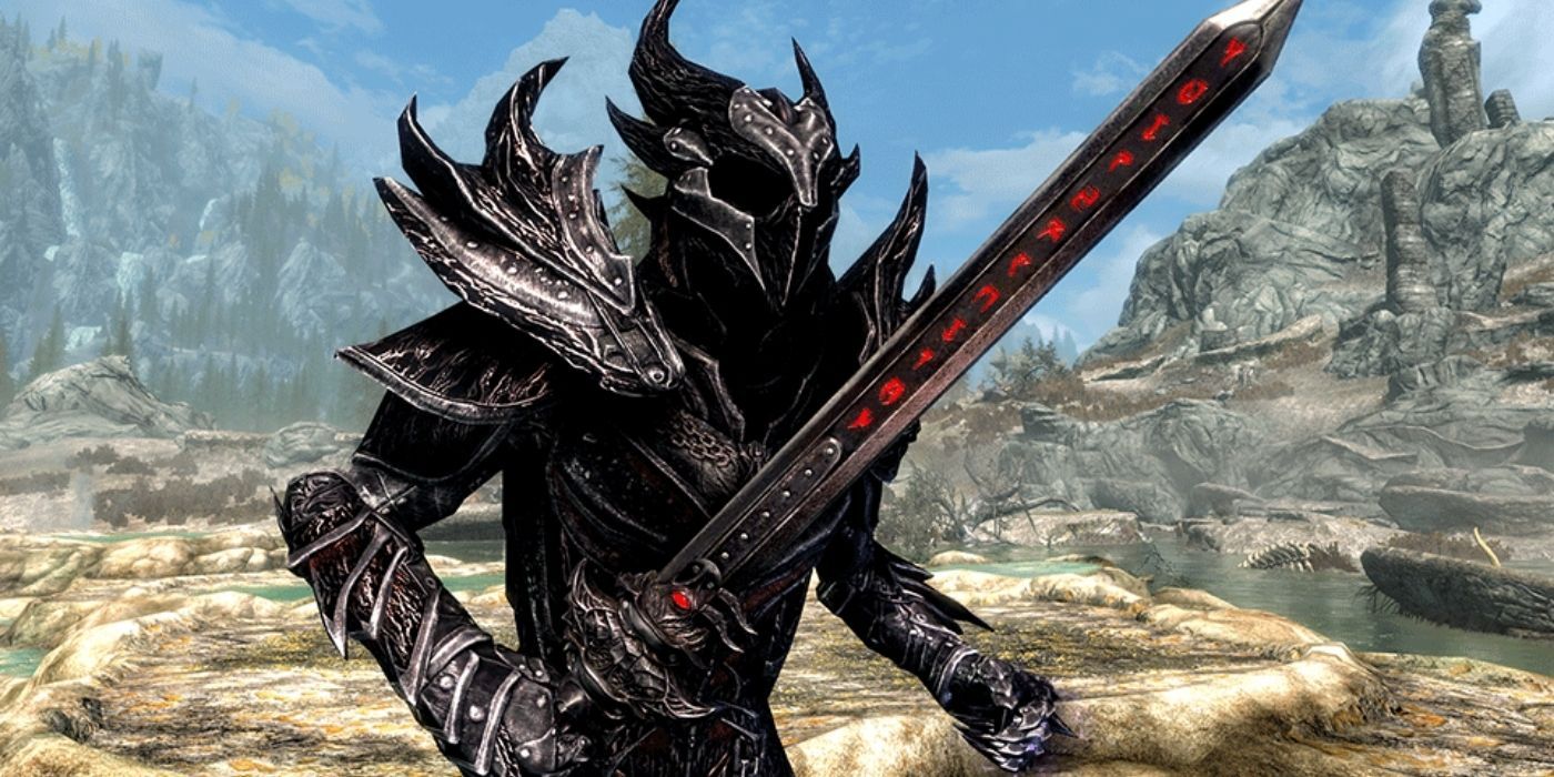 A character in full armor holding a sword in Skyrim