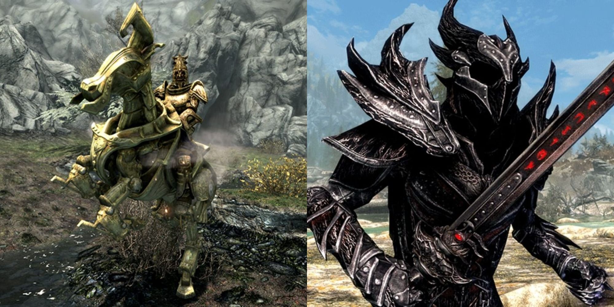 Split image showing a character aboard an automaton horse and another in full armor in Skyrim Anniversary Edition