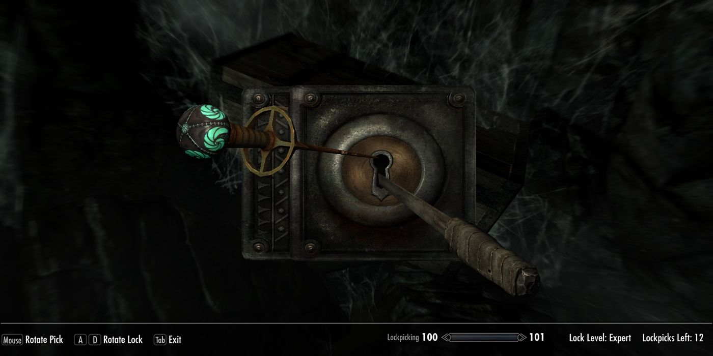 Picklocking a lock with the Skeleton Key in Skyrim.