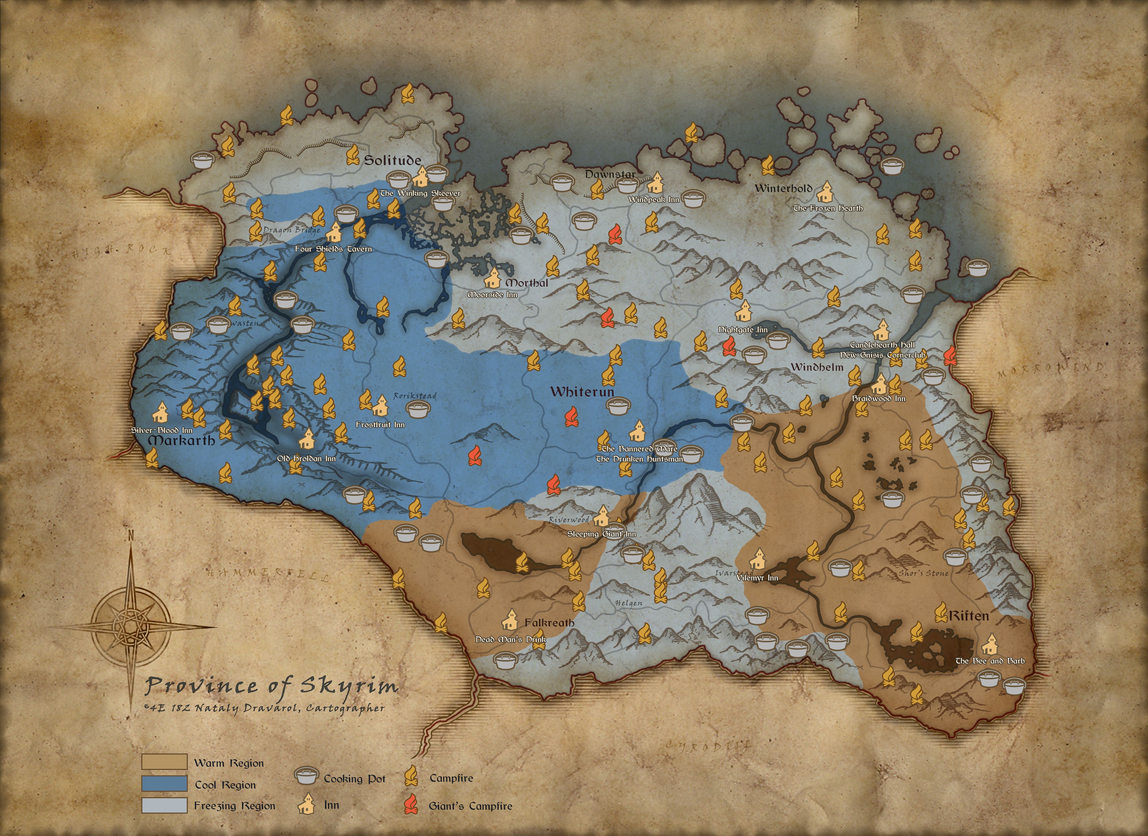 Climate map showing areas of cold weather for Skyrim's Survival Mode