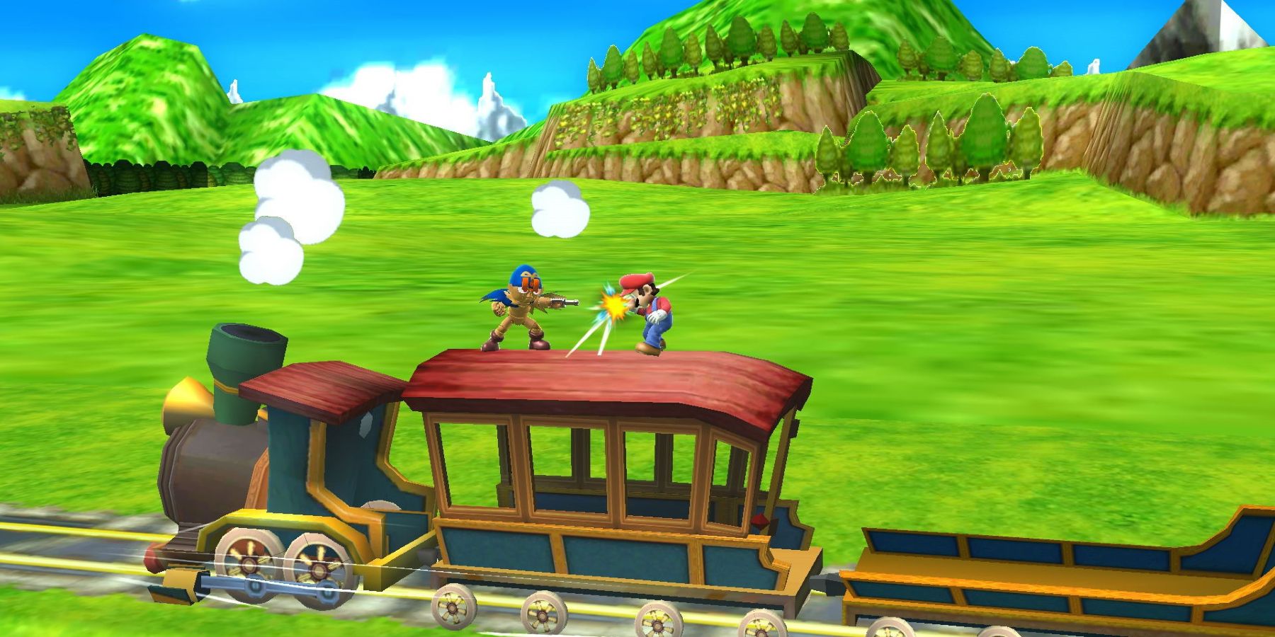 Characters do battle in the Spirit Train stage of Super Smash Bros. Ultimate.