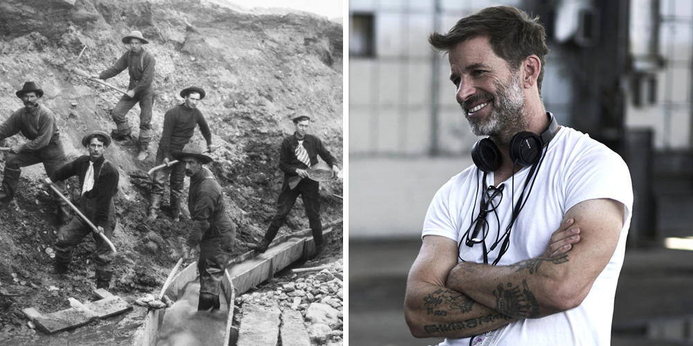 Split image: Prospectors at work during the Klondike gold rush, director Zack Snyder stands with his arms crossed.