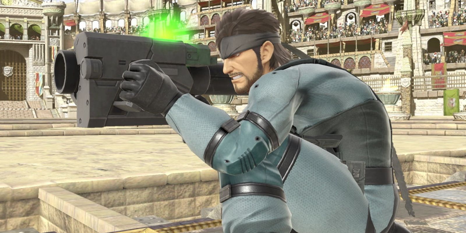 Solid Snake aiming a rocket launcher in Super Smash Bros. Ultimate