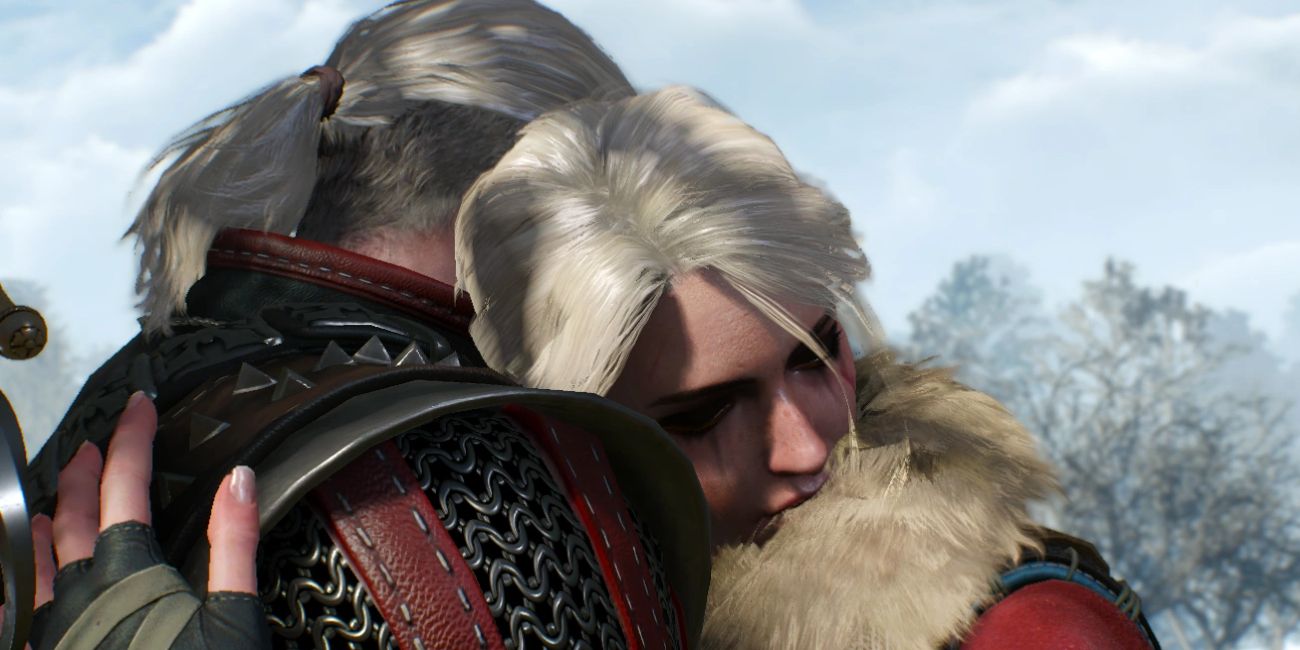 Geralt hugs a woman outside in The Witcher 3.