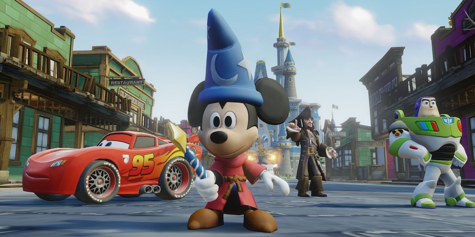 Sorcerer Mickey, Lightning McQueen, Buzz Lightyear, and Jack Sparrow in Disney Infinity