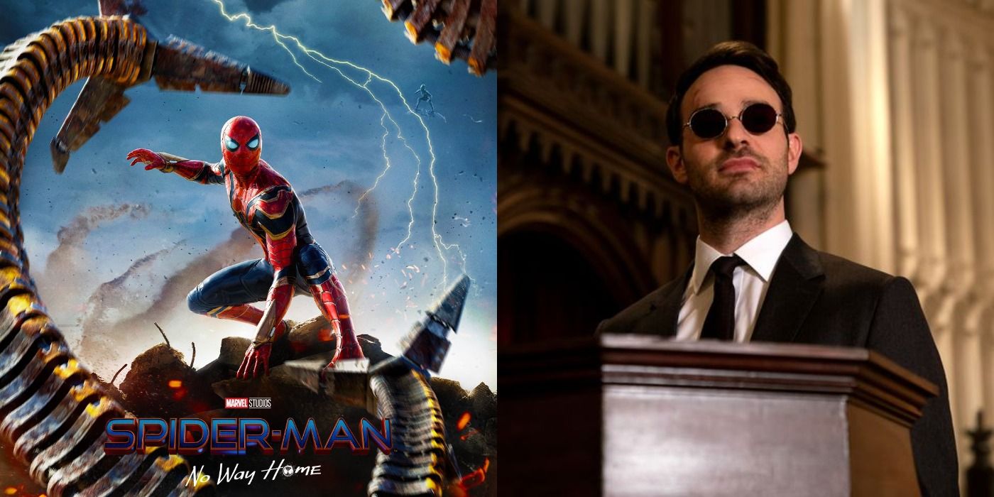 Split image of Spider-Man facing Doc Ock in No Way Home, and Matt Murdock speaking at Father Lantom's funeral