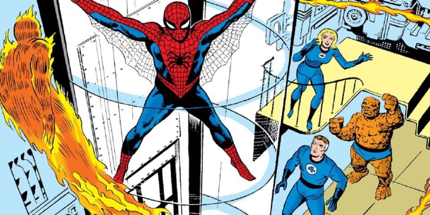 Spider-Man facing off against the Fantastic Four in the comics