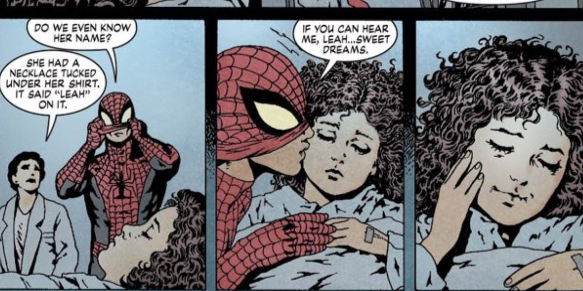 In three panels, Spider-Man comforts a young girl in bed in Marvel Comics.