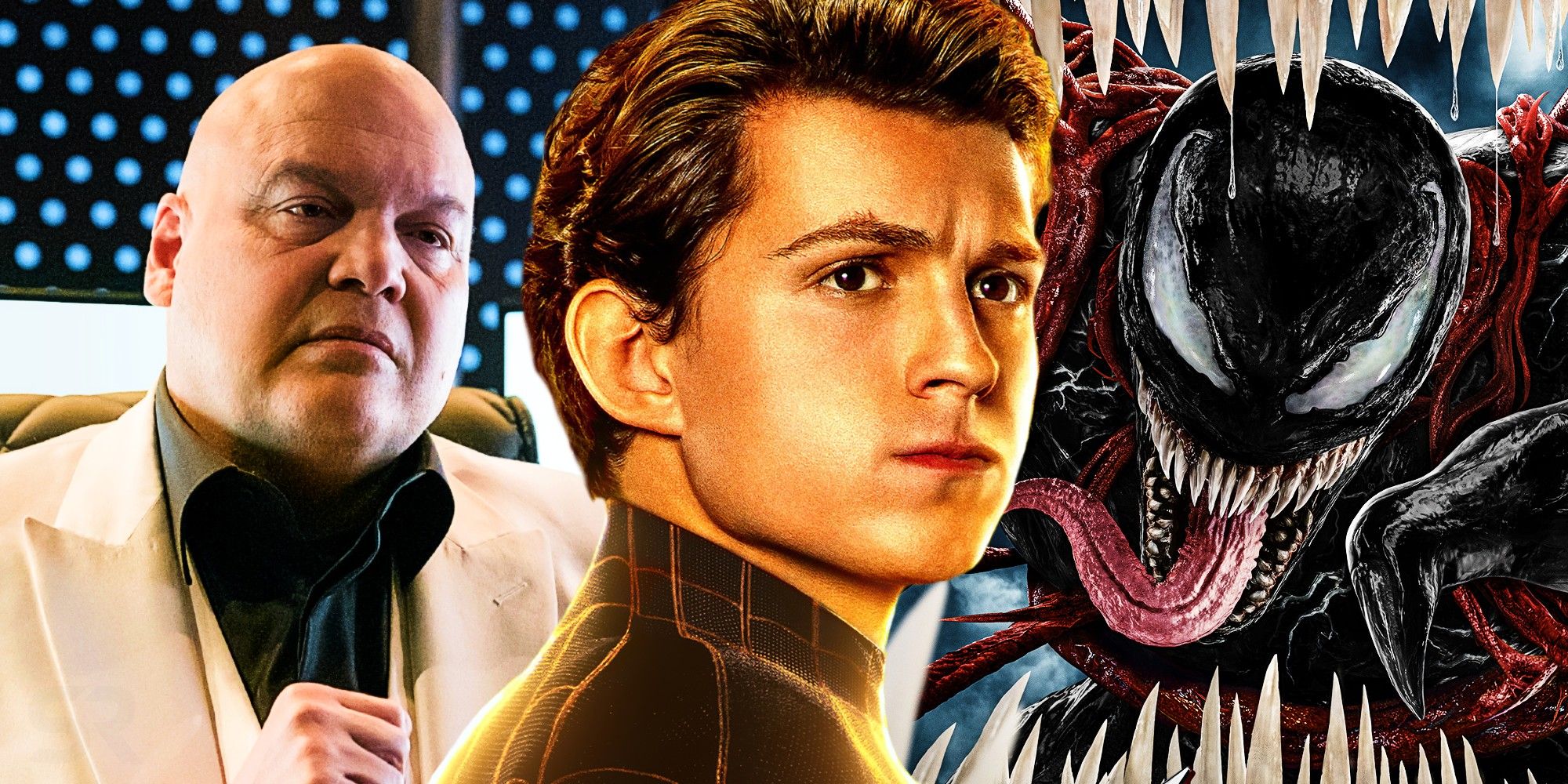 Superimposed image of Kingpin in Daredevil, Spider-Man in No Way Home, & venom in Venom.