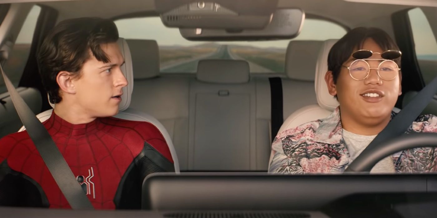 Peter and Ned sit in a car in a Spider-Man No Way Home car commercial