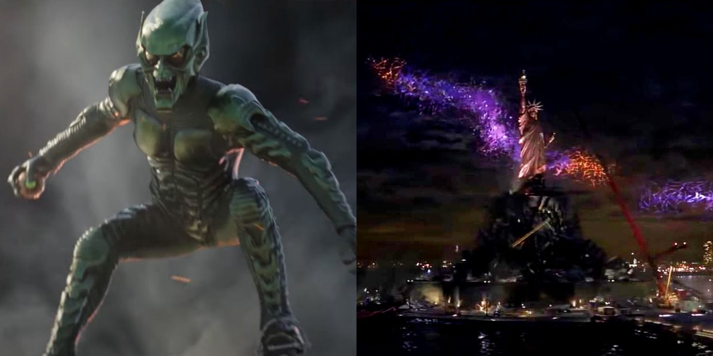 Split image of Green Goblin and the multiverse fracturing in Spider-Man No Way Home.