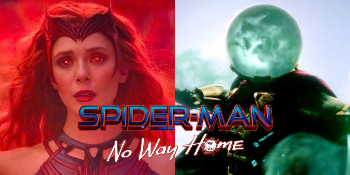 Split image: Wanda Maximoff becomes the Scarlet Witch in WandaVision, Mysterio does battle in Spider-Man: Far From Home.