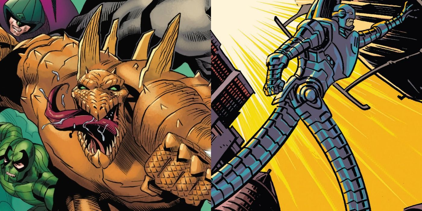 Split image of Stegron The Dinosaur Man and Stilt-Man from Marvel Comics.