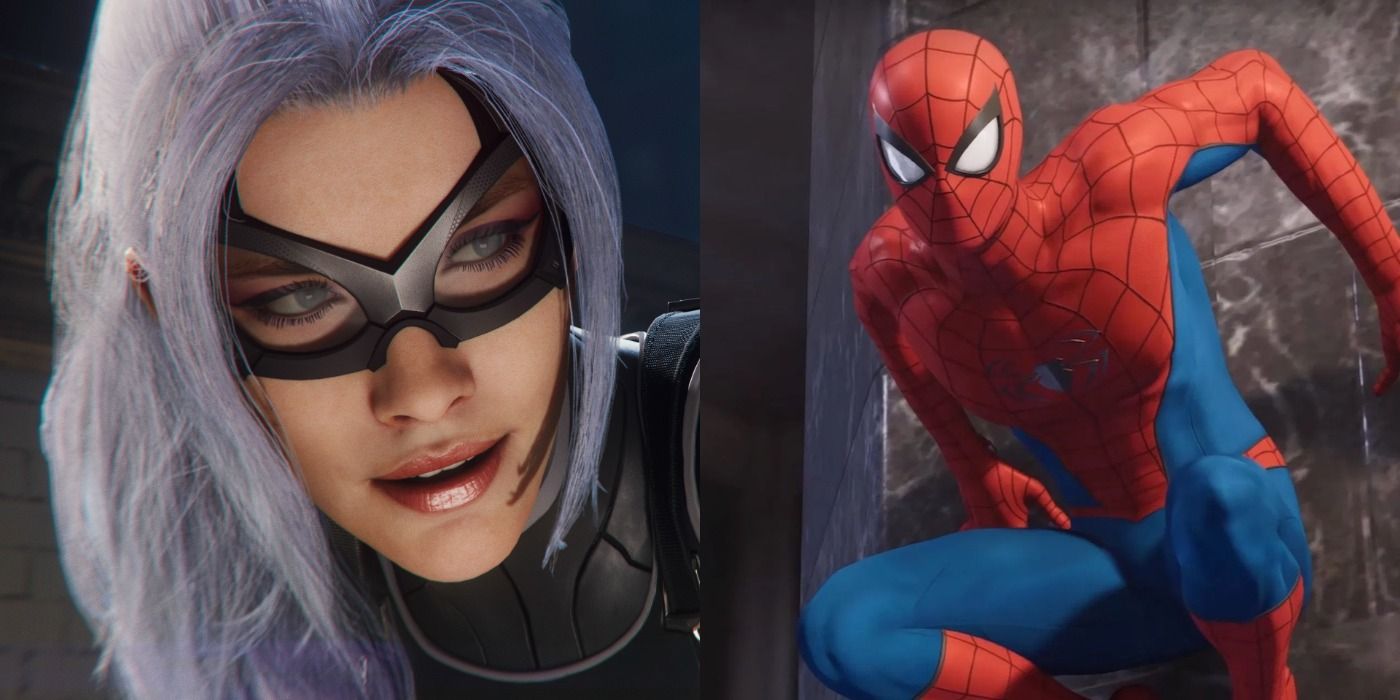 Split image of the Black Cat smiling and Spider-Man sticking to a wall in Spider-Man.
