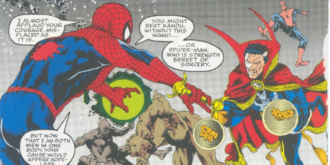 Spider-Man and Doctor Strange fight each other with magic in Marvel Comics.
