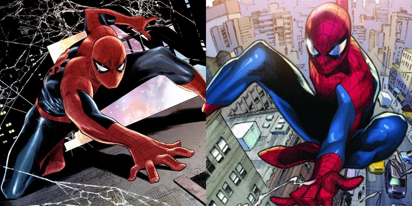 Split image of Spider-Man clinging to a building and shooting his webs, swinging through New York