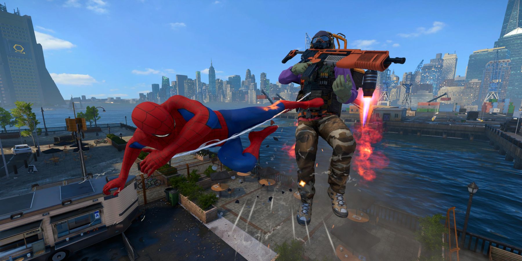 Spider-Man fighting a Watch Dog in mid-air in Marvel's Avengers