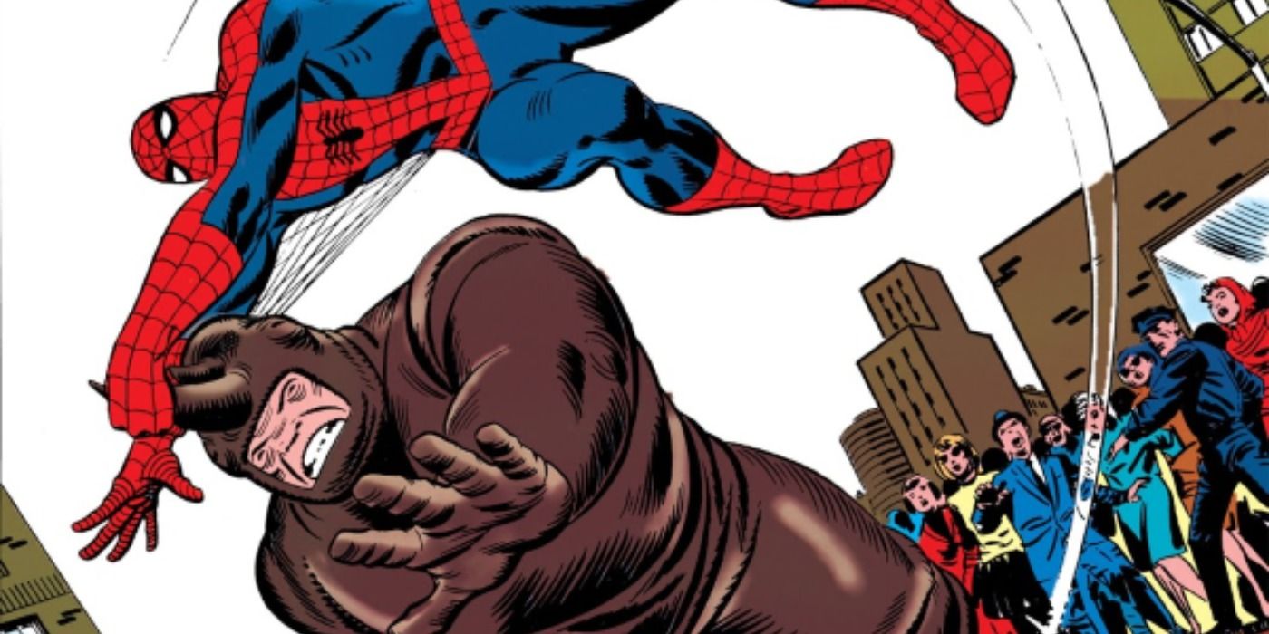 Spider Man fights the Rhino in Marvel Comics.