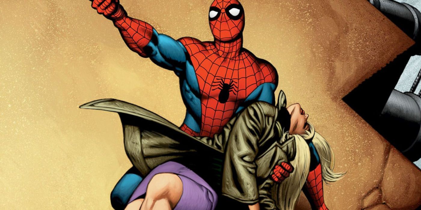 Spider-Man holds Gwen Stacy's dead body.