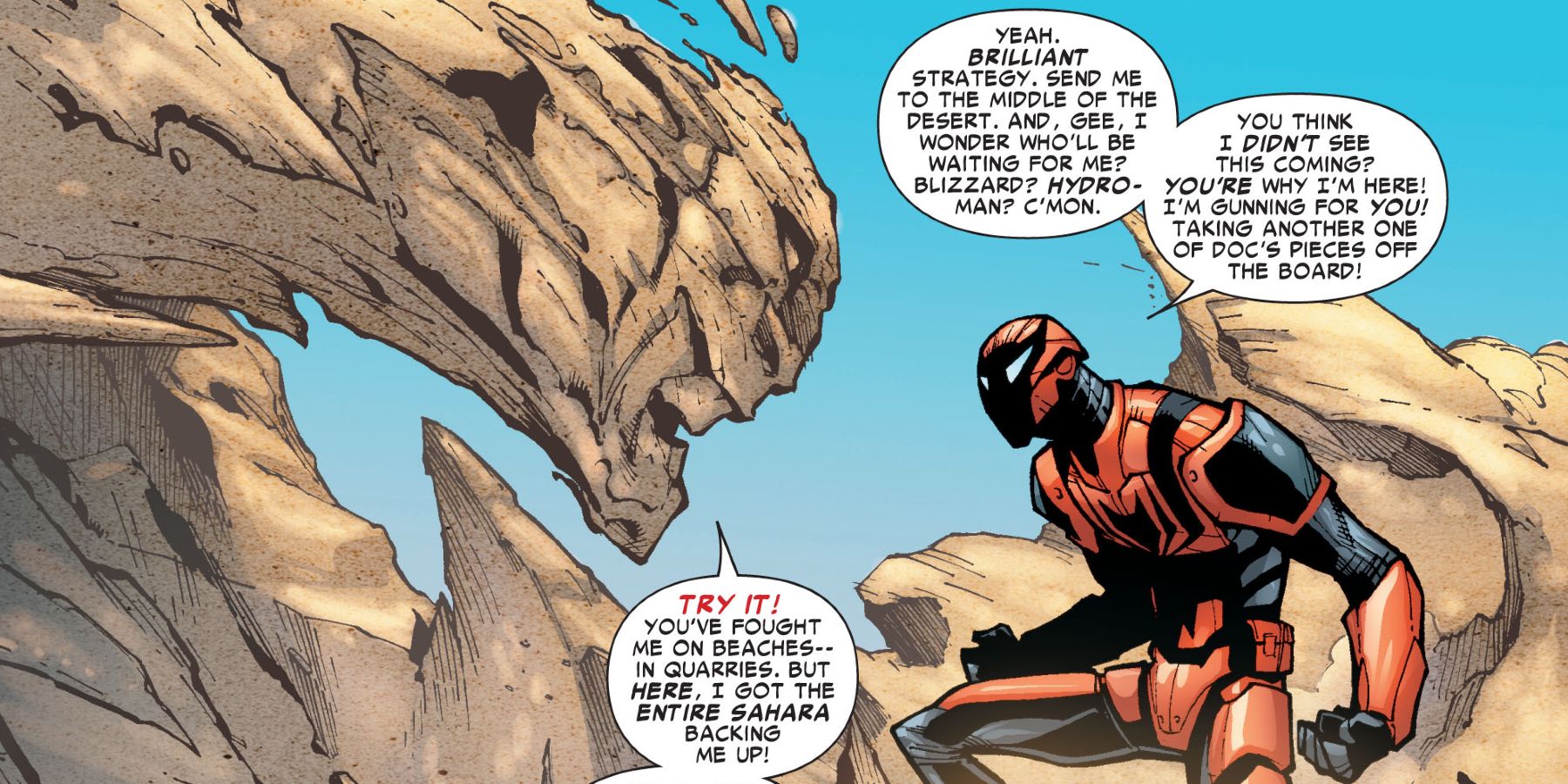 Spider-Man in the Spider-Armor MK III confronting Sandman