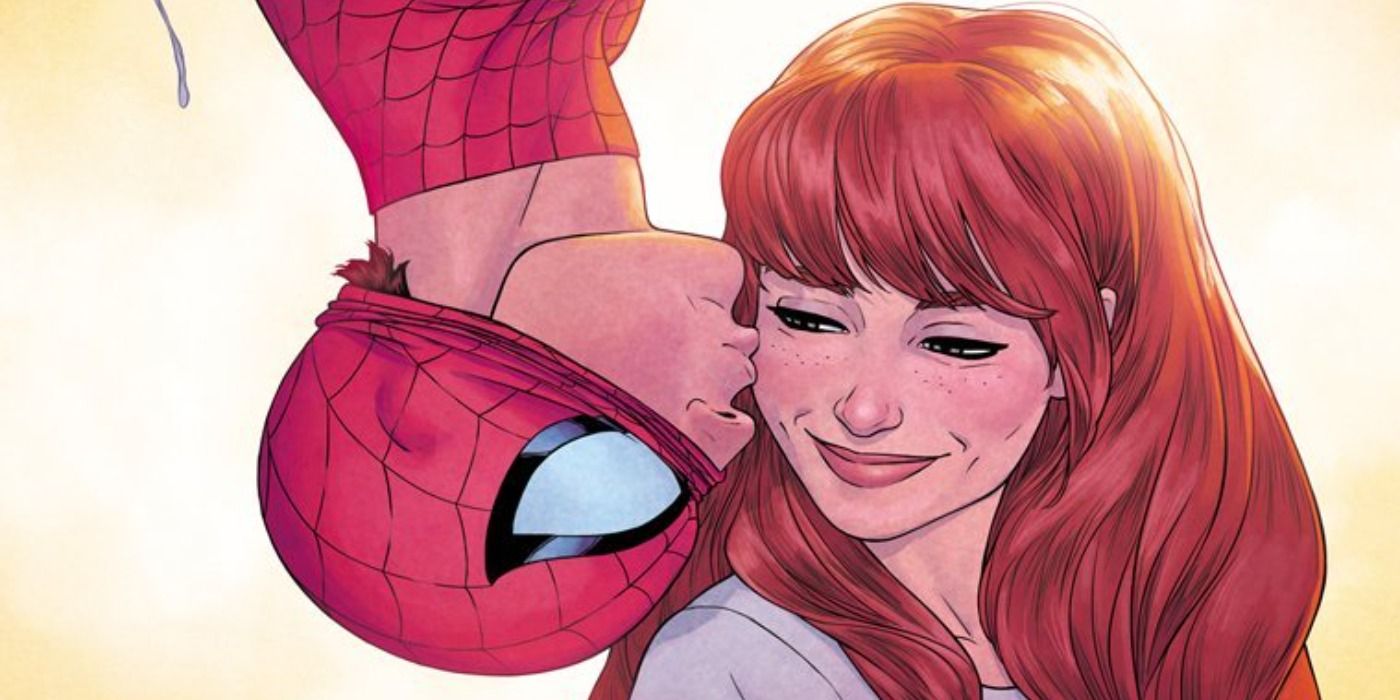 Spider-Man kisses Mary Jane in Marvel Comics.