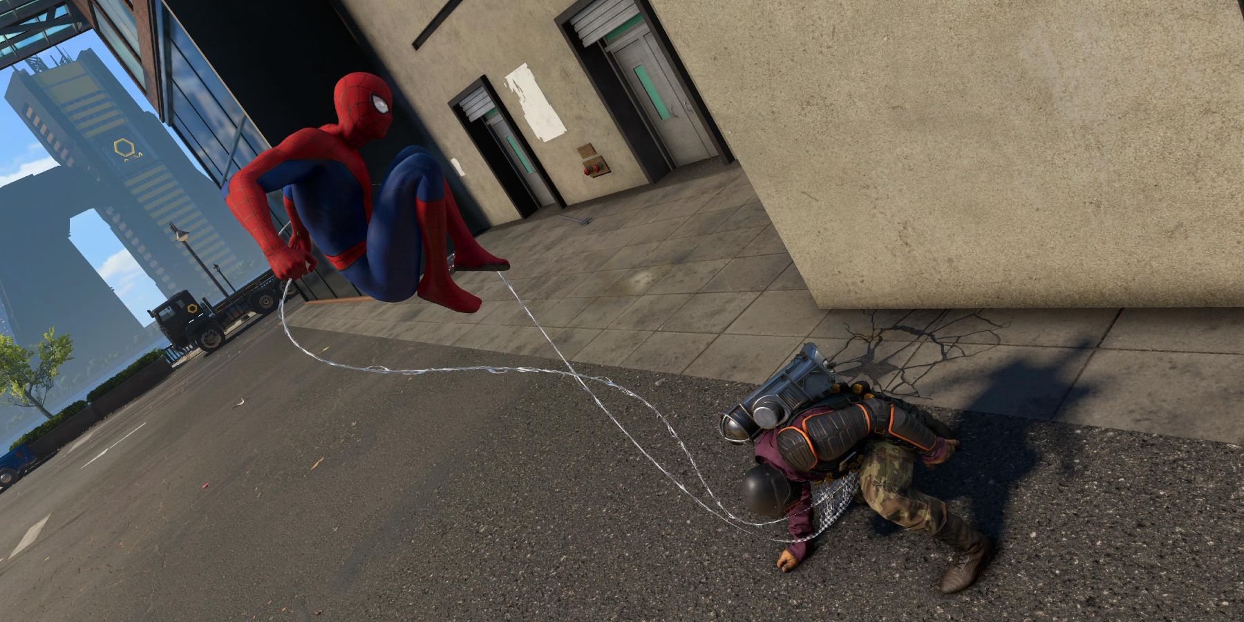 Spider-Man performing a takedown on a Watch Dog in Marvel's Avengers