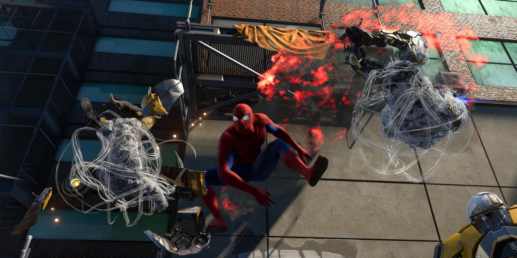 Spider-Man webbing up AIM bots in Marvel's Avengers