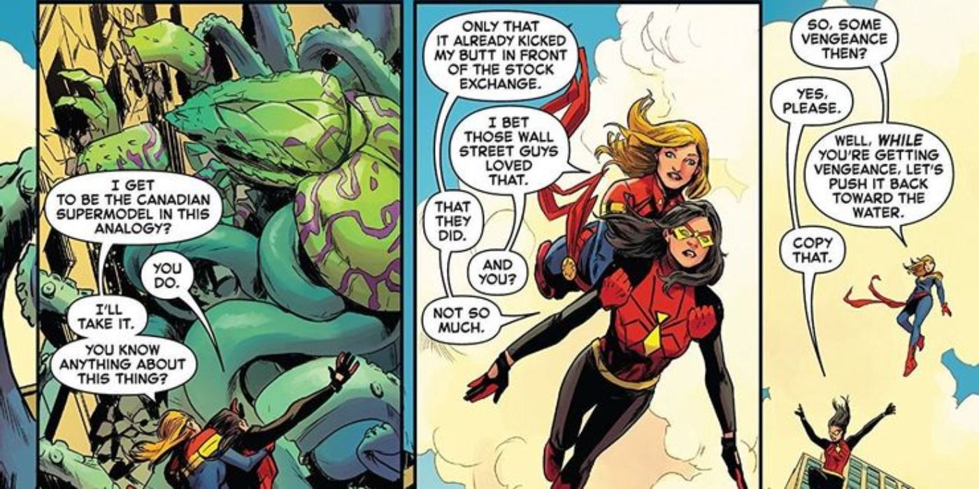 Spider-Woman flies with Captain Marvel in Marvel Comics.