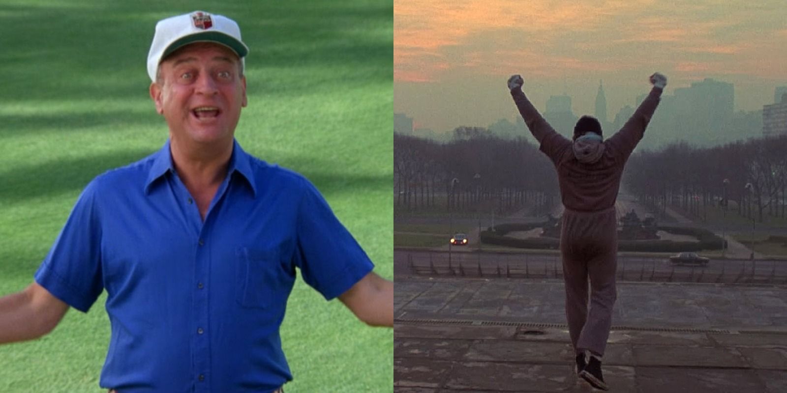 Split image of scenes from Caddyshack and Rocky