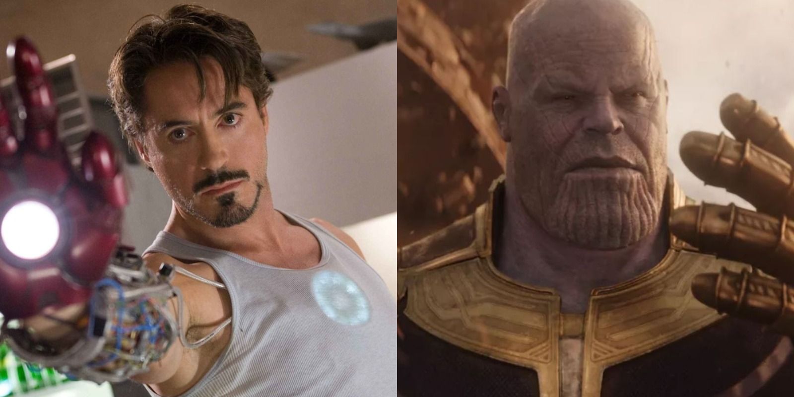 Split image of Tony Stark in Iron Man and Thanos in Avengers: Infinity War