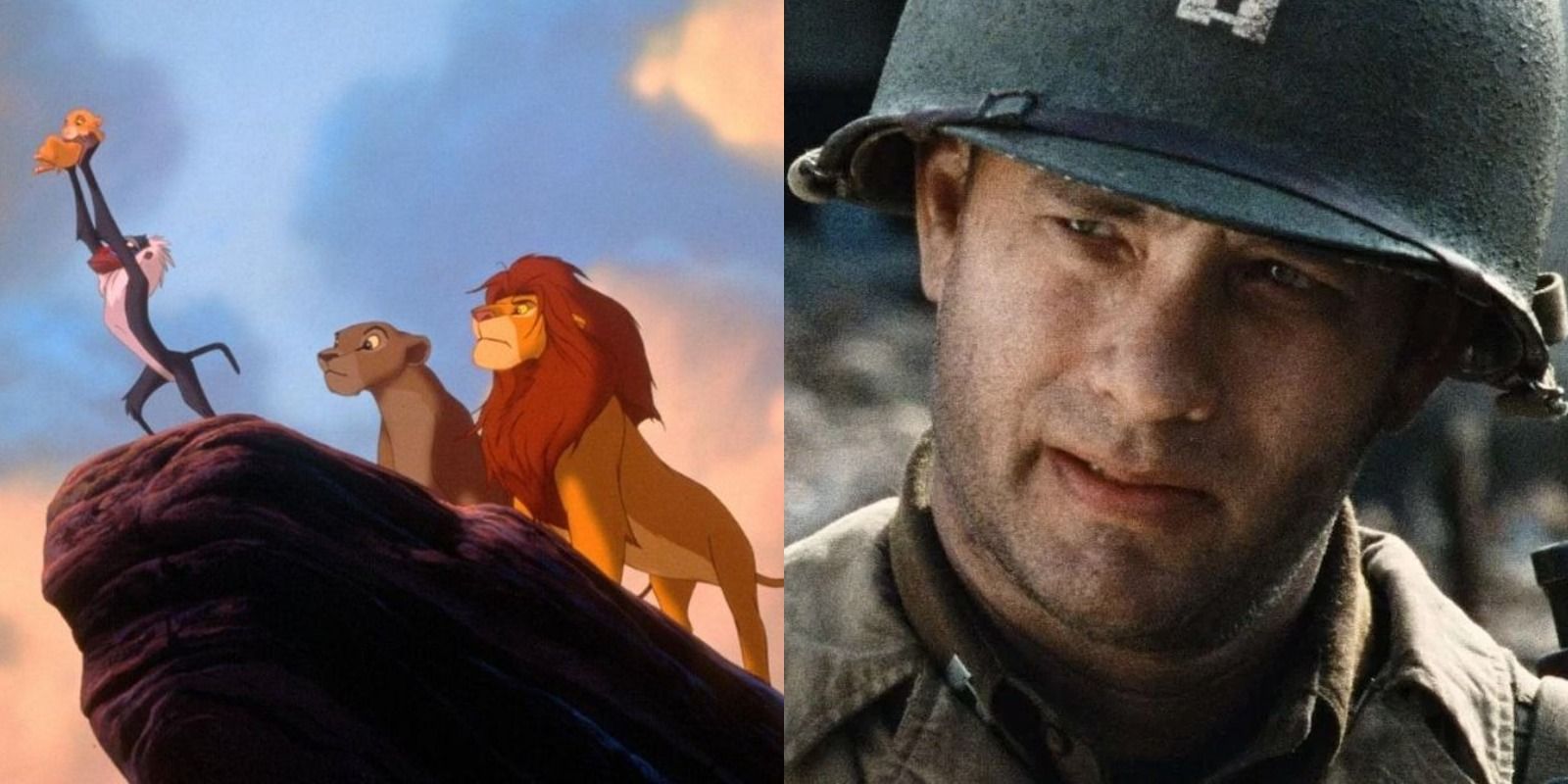 Split image of scenes from The Lion King and Saving Private Ryan