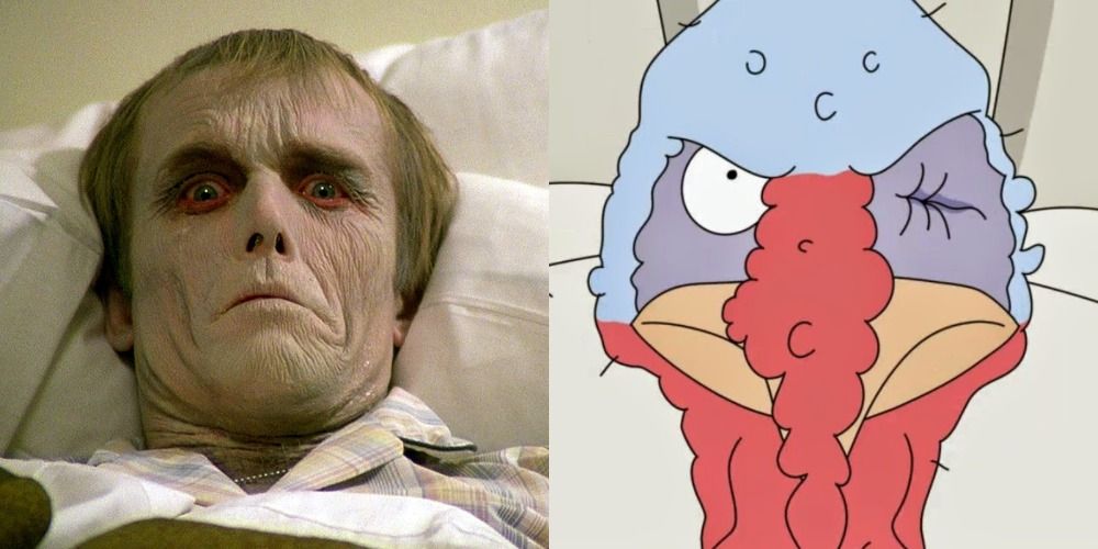 A waking zombie in Dawn of the Dead split with a one-eyed turkey in Dawn of the Peck episode of Bob's Burgers