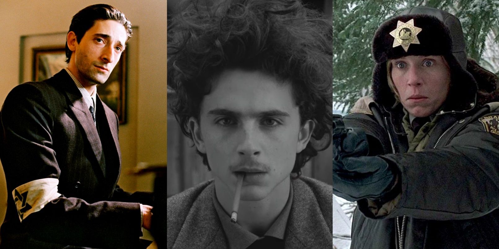 Split image of Adrien Brody in The Pianist, Timothee Chalamet in The French Dispatch, and Frances McDormand in Fargo