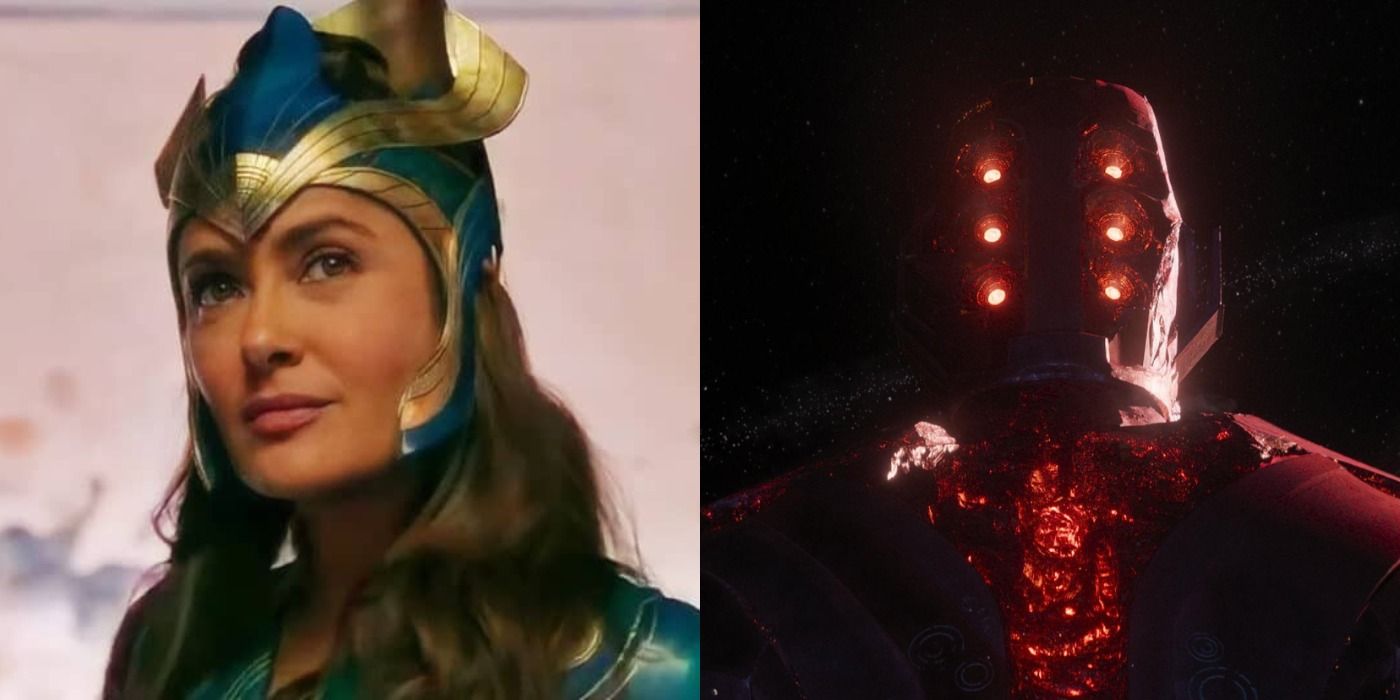 Split image of Ajak and Arishem from Eternals.