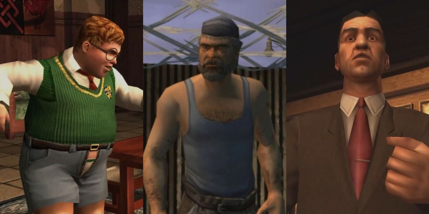 Split image of Algernon, Dr. Crabblesnitch, and The Hobo in Bully