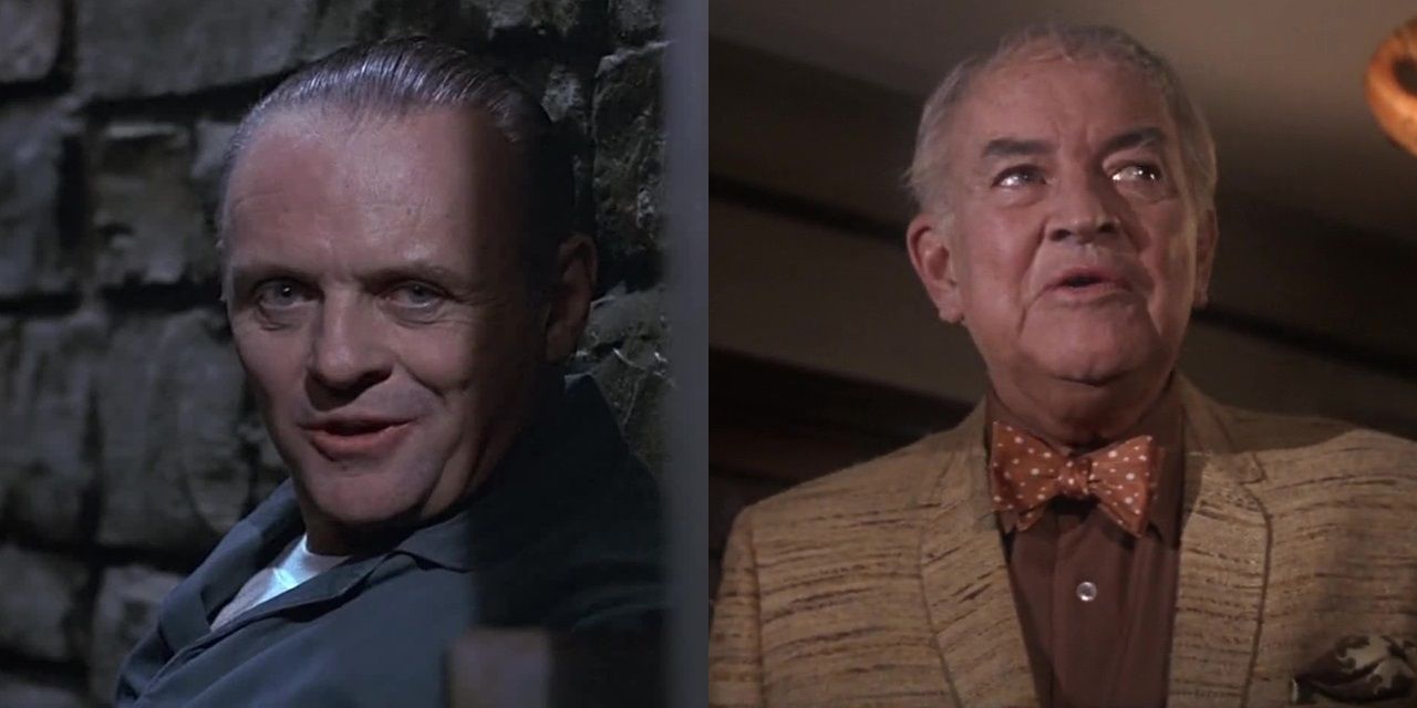 Split image of Anthony Hopkins in The Silence of the Lambs and Sidney Blackmer in Rosemary's Baby