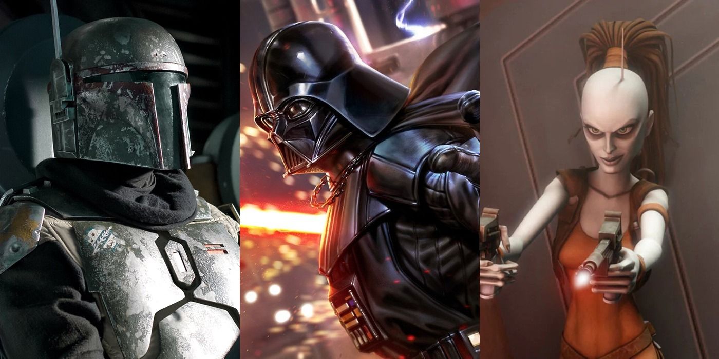 Split image of Boba Fett, Darth Vader and Aurra Sing in Star Wars feature