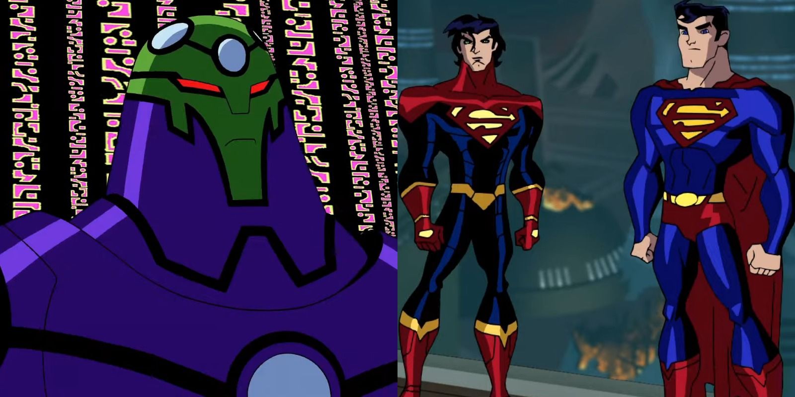 Split image of Brainiac 1.0 inside Brainiac 5's mind and Superman X with the original Superman in The Legion Of Superheroes