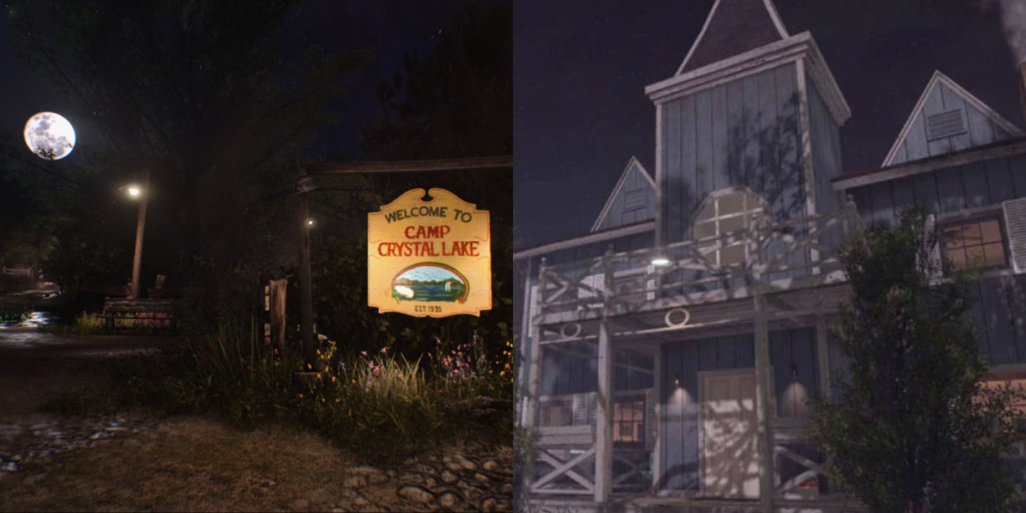 Split image of Camp Crystal Lake and Jarvis House in Friday the 13th The Game