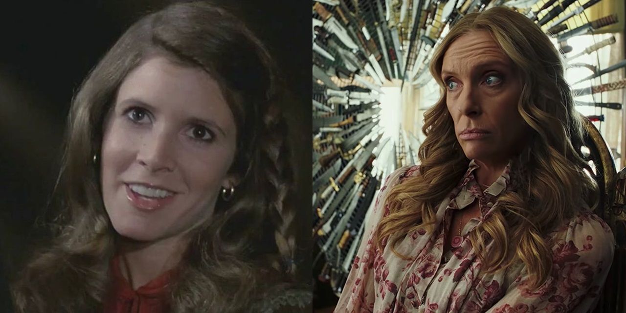 Split image of Carrie Fisher in The Blues Brothers and Toni Collette in Knives Out
