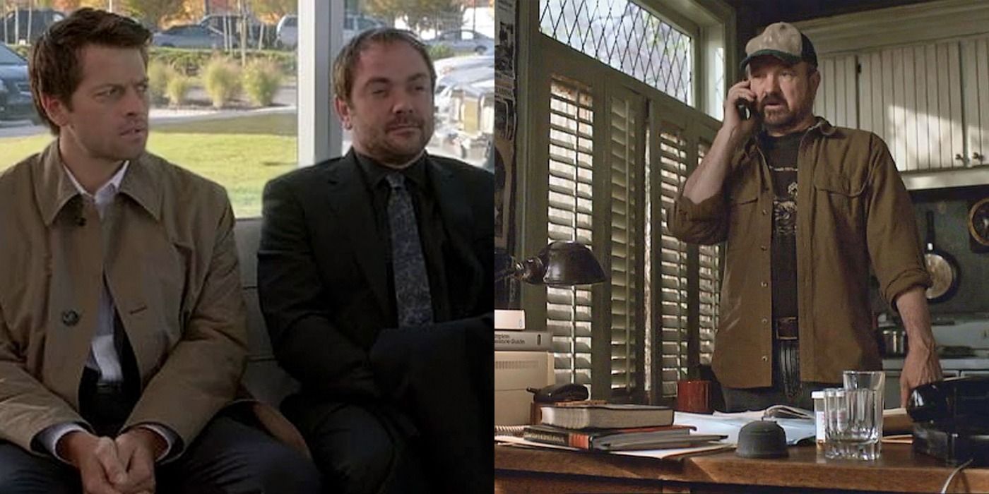 Split image of Castiel sitting with Crowley and of Bobby in Supernatural